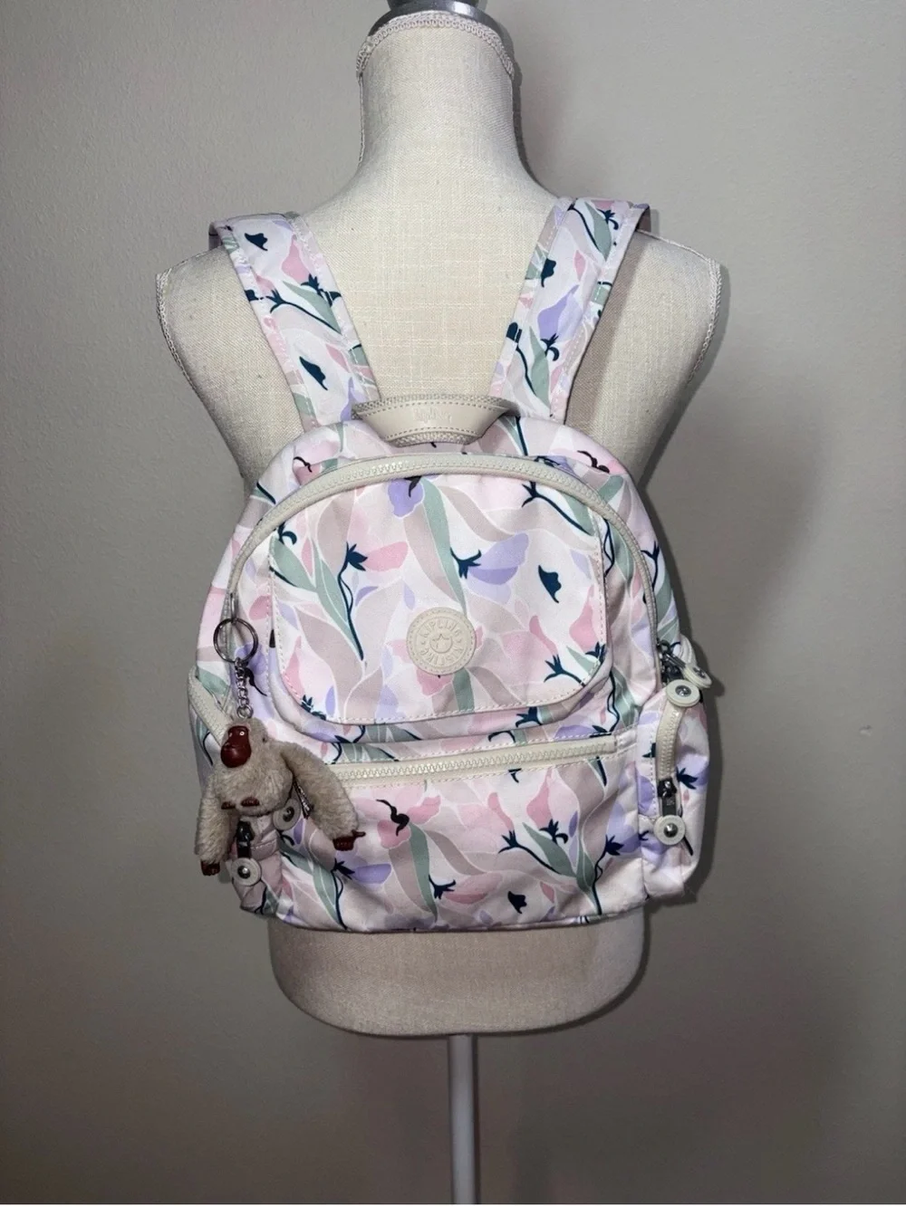 Kipling Women’s Pink Floral Pastel Backpack with Monkey Charm
